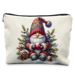 Detail of canvas Christmas gnome makeup bag showing fabric texture and silver zipper