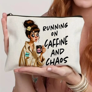 Canvas makeup bag with 'Running on Caffeine and Chaos' print and cartoon illustration