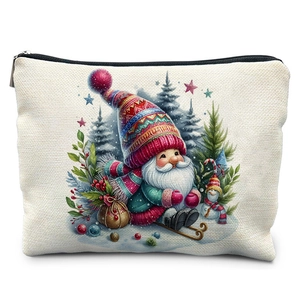 Detail of high-quality watercolor gnome print on canvas festive Christmas makeup bag