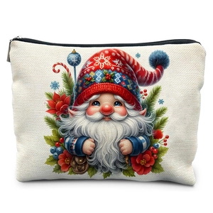 Winter watercolor Christmas gnome makeup bag with festive floral canvas texture