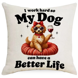 Detail of linen cushion cover with funny dog quote and wine drinking poodle print