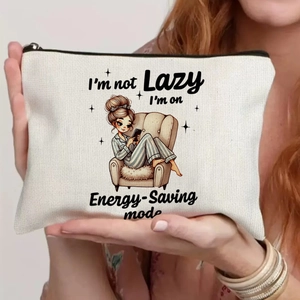 White canvas pouch with sarcastic girl quote print and zipper closure for storage