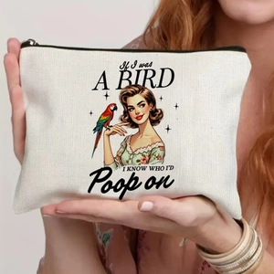Detail showing vintage girl and parrot print on beige canvas makeup bag texture