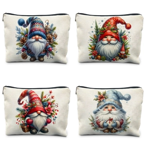 Christmas Gnome Linen Makeup Bag Watercolor Festive Cosmetic Organizer Travel Zipper Storage Pouch Stationery Pencil Case Gift