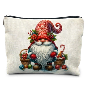 Winter watercolor Christmas gnome makeup bag with festive floral and holly patterns