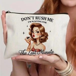 Canvas makeup bag held by hands featuring a vintage girl and funny sarcastic quote