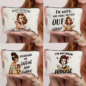 Printed Fine Linen Cosmetic Bag Vintage Girl Sarcastic Quote Makeup Pouch Travel Zipper Storage Bag For Women Stationery Organizer