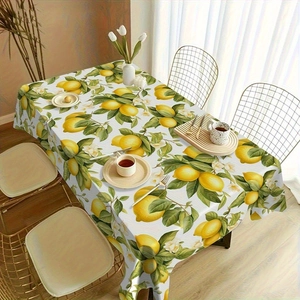 Detail view of floral lemon pattern tablecloth with waterproof texture for home decor