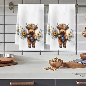 Microfiber kitchen towels set featuring Highland cow with flowers on a tile wall