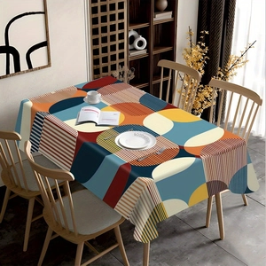 Close-up of geometric floral tablecloth with abstract patterns for dining room decor