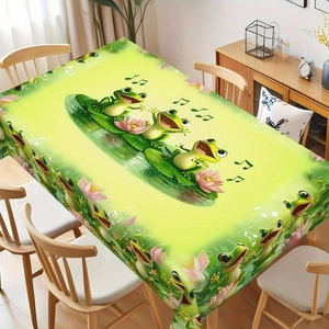 Detail of cartoon frog and lotus pattern on a high-quality summer dining tablecloth