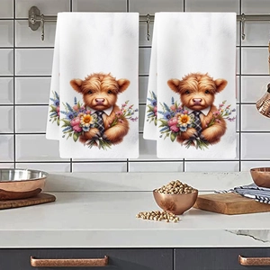Kitchen hanging towels set with highland cow flower print on white fabric