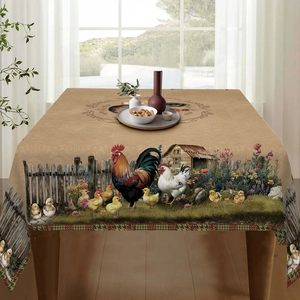 Detail shot of rectangular tablecloth featuring rustic farm hen prints and floral patterns