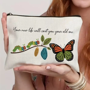 Canvas makeup bag with butterfly lifecycle print and inspirational quote text
