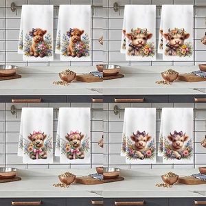 Highland Cow Floral Print Microfiber Kitchen Dishcloths Absorbent Machine Washable Cleaning Cloths Home Decor Hand Towels