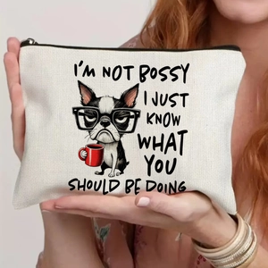 Detail of canvas pouch showing funny French Bulldog illustration and quote text print