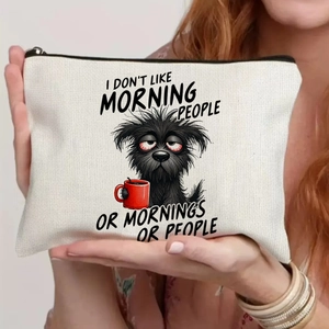 Detailed close-up of funny canvas bag with a dog drinking coffee and sarcastic quote text
