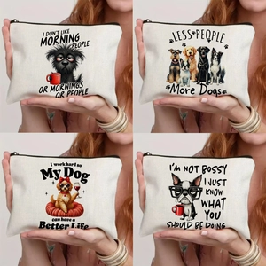 Humorous Dog Quotes Canvas Makeup Bag Humorous Cartoon Pet Print Cosmetic Pouch Travel Toiletry Organizer Linen Pencil Case For Women