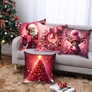 Pink Christmas pillow covers set of 4 with Santa, Reindeer and Xmas tree on a sofa