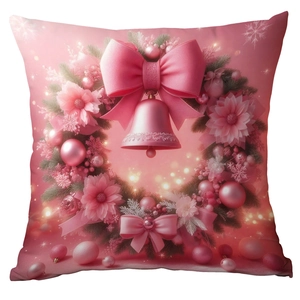 Pink Christmas throw pillow cover with festive wreath and ribbons for holiday home decor