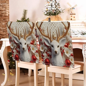 Christmas chair cover featuring white reindeer and gold ornaments in a festive home setting