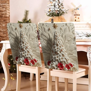 Christmas chair covers featuring 3D white tree and red poinsettia for holiday dining decor
