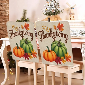 Set of 2 Thanksgiving chair covers with pumpkin maple leaf prints on beige linen fabric