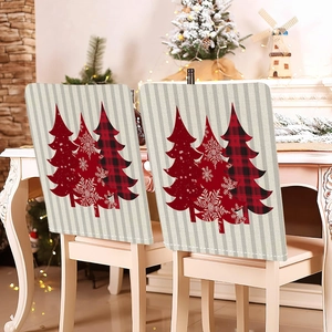 Housse de chaise Noël avec imprimés d'arbres vintage sur tissu rayé beige pour la maison
