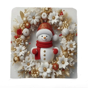 Close-up of snowman pattern on a woven Christmas chair cover with floral wreath detail