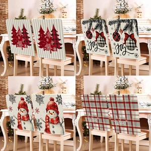Housse de Chaise Noël en Lin Imprimé Bonhomme de Neige Arbre Style Nordique Protecteur de Dossier de Chaise Pour Décoration de Fête