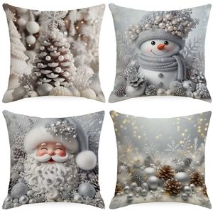 Set di 4 federe natalizie con pigne d'argento, pupazzo di neve e motivi di Babbo Natale