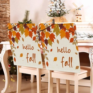 Set of 2 fall chair covers with maple leaf and hello fall lettering for dining decor