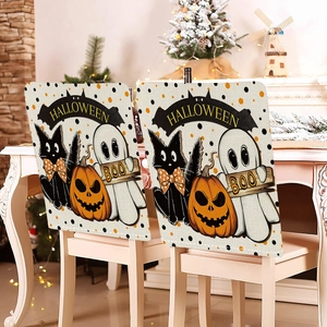 Halloween chair covers set featuring cartoon pumpkin ghost and black cat on linen texture