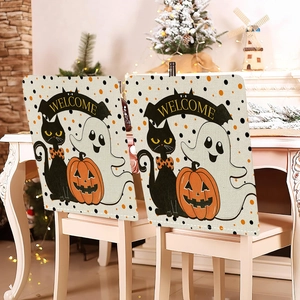 Halloween chair covers with cute pumpkin ghost patterns and Welcome text for dining decor