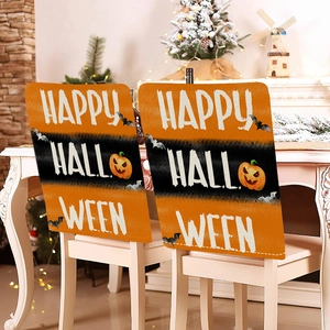 Set of two Halloween chair covers with Happy Halloween text and pumpkin ghost designs