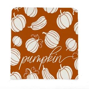 Close-up of Thanksgiving chair cover with maple pumpkin pattern on linen fabric