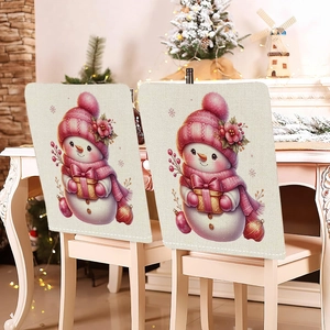 Detail of pink cartoon snowman chair cover made of high-quality faux linen material
