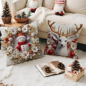 Christmas pillow covers with 3D snowman and reindeer patterns for home decor set of two