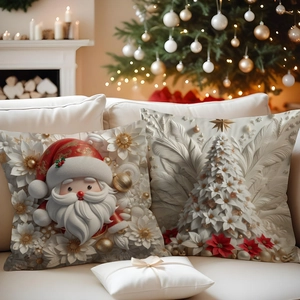 Luxury 3D-effect Christmas pillow covers featuring Santa Claus and floral Xmas tree designs