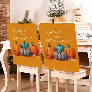 Thanksgiving Stuhlhussen mit Kürbismotiv und Gather & BE GRATEFUL Schriftzug für Esszimmer