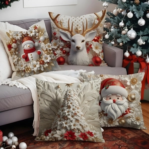 Christmas Linen Cushion Cover 3D Visual Effect Santa Claus Reindeer Snowman Pattern Square Pillowcase For Home Sofa Decor