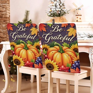 2er Set herbstliche Stuhlhussen mit Kürbis-Motiv und Be Grateful Schriftzug