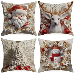 Set of four 3D effect Christmas pillow covers with Santa, Reindeer, and Snowman designs