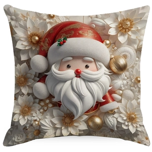 Macro detail of Christmas pillow cover with 3D Santa Claus and floral gold embroidery
