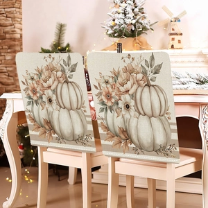 Set of 2 autumn pumpkin floral dining chair covers for Thanksgiving home holiday decoration