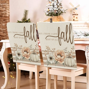 Fall Harvest Thanksgiving chair covers featuring pumpkin flower art for dining chair decor