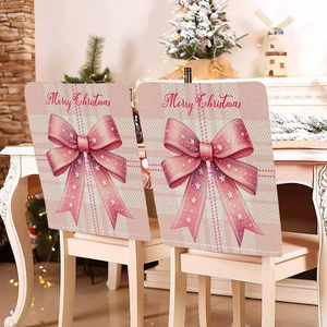 Pink plaid Christmas chair cover with Merry Christmas text and large bow decoration