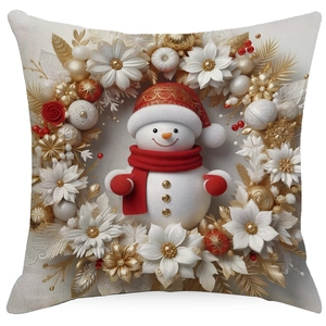 Detail of 3D Christmas snowman wreath embroidery on a cream linen pillowcase cover