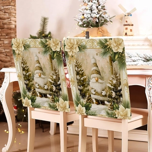 Christmas dining chair covers featuring gnome and pine tree patterns on linen fabric