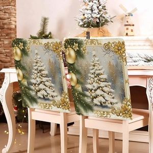 Golden Christmas chair covers featuring white tree prints and elegant floral borders